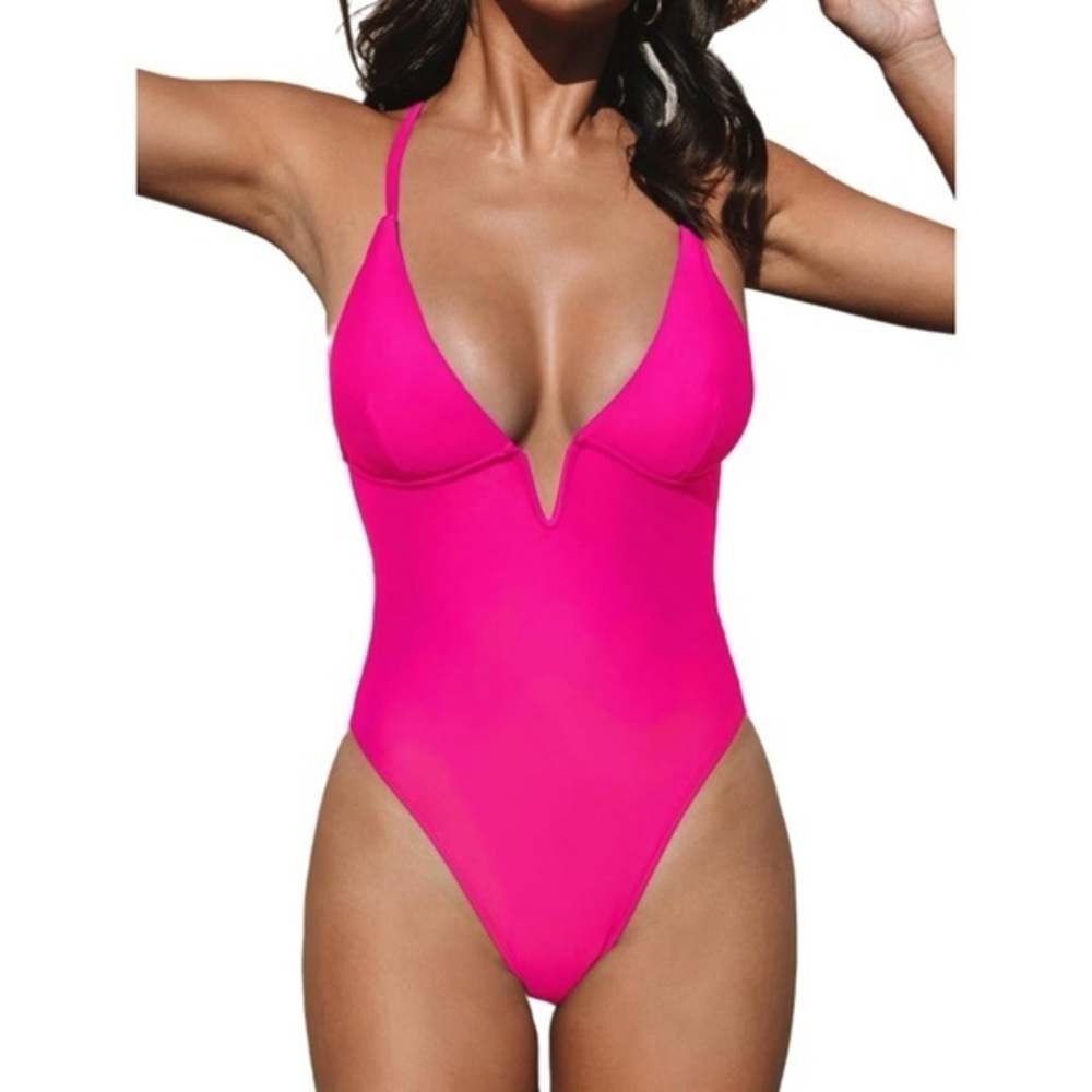 CUPSHE Pink Deep V Crisscross Back Adjustable Strap One Peice Swimsuit